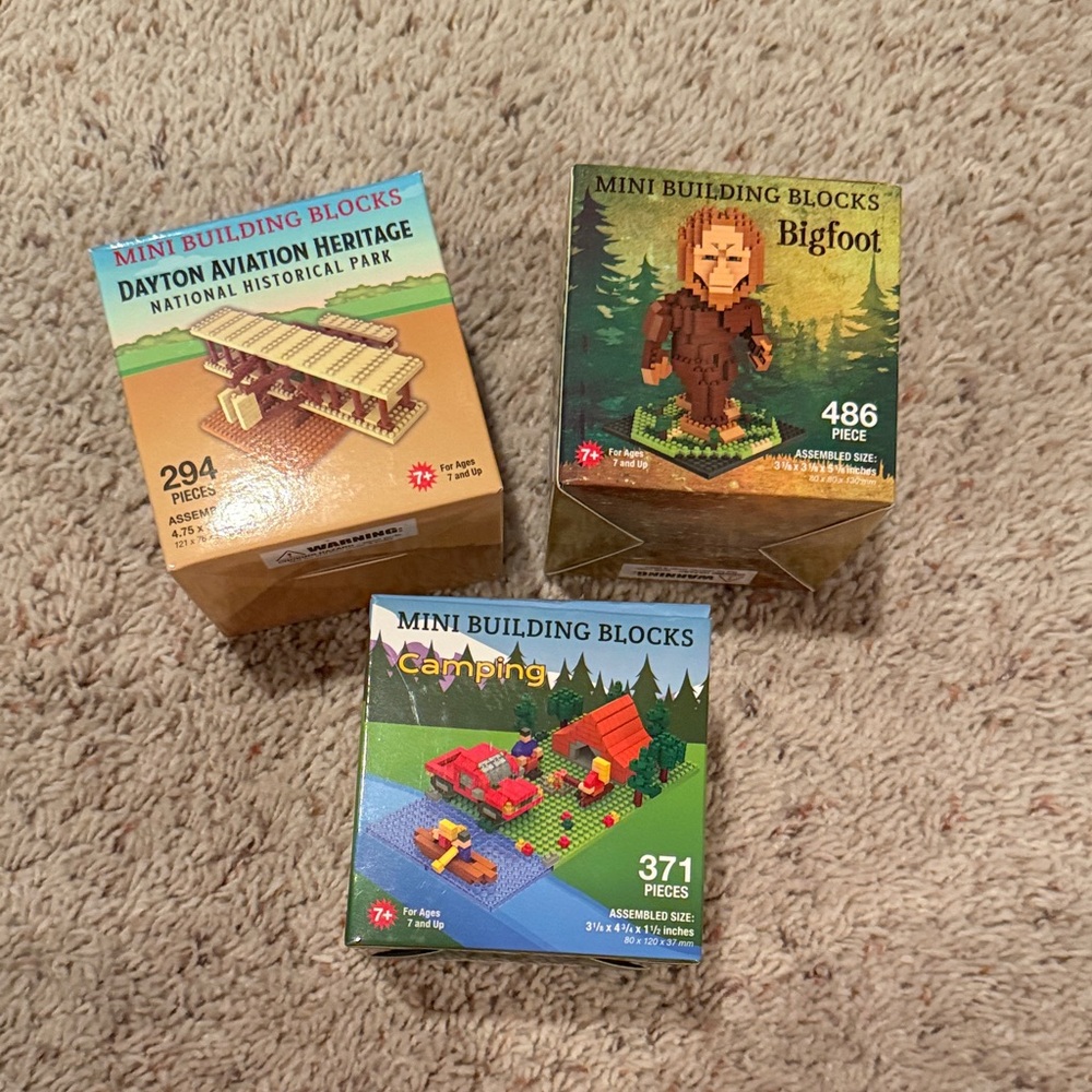 Set of Mini Building Blocks Sets - Bigfoot, Camping, and Aviation Heritage
